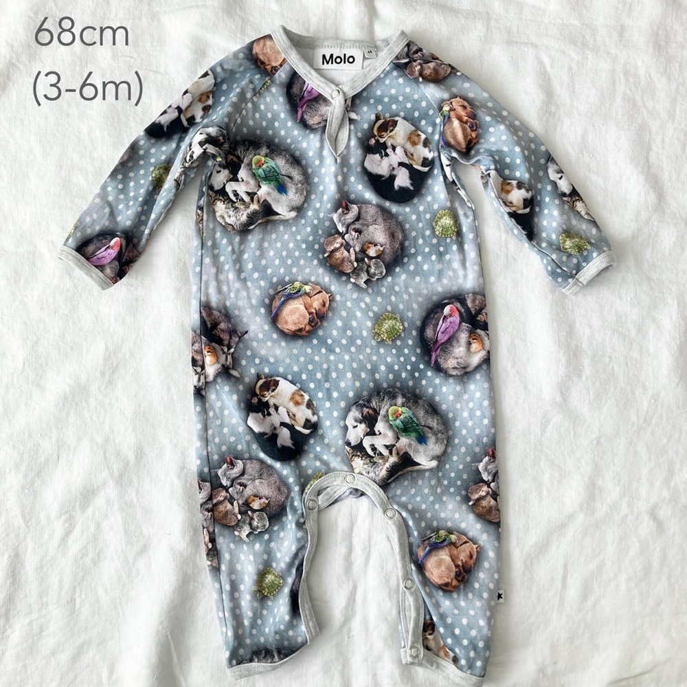 🪴5/$30 Molo 68cm 3-6 Months Baby Pets n Dots Fiona Blue Dog Cat Romper